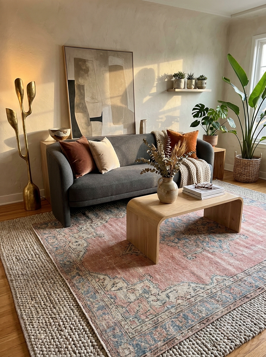 Vintage Rugs Layered with Modern Furniture