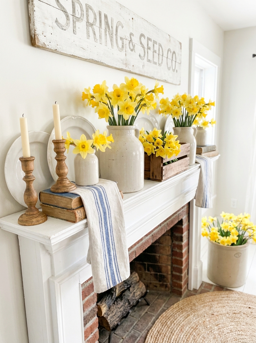 Butter Yellow Daffodils with Striped Linens and Vintage Crocks