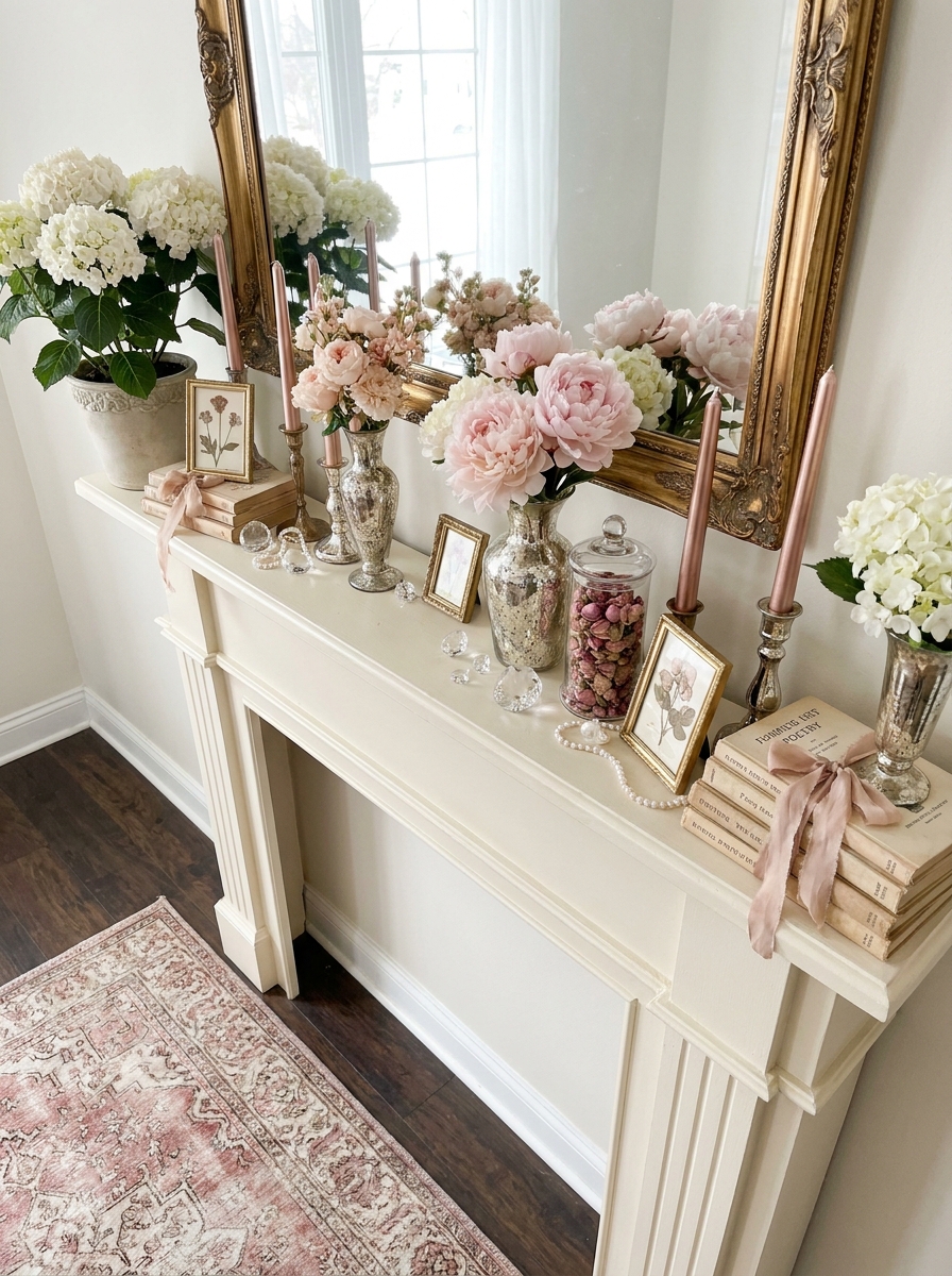 Romantic Blush Peonies with Antique Mirrors and Rose Gold