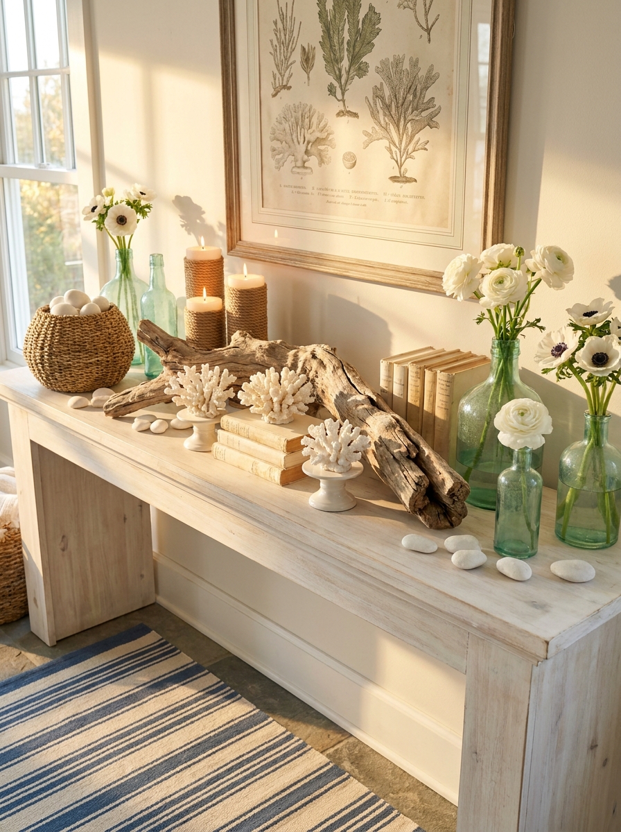 Coastal Spring with White Coral, Seafoam Accents, and Driftwood