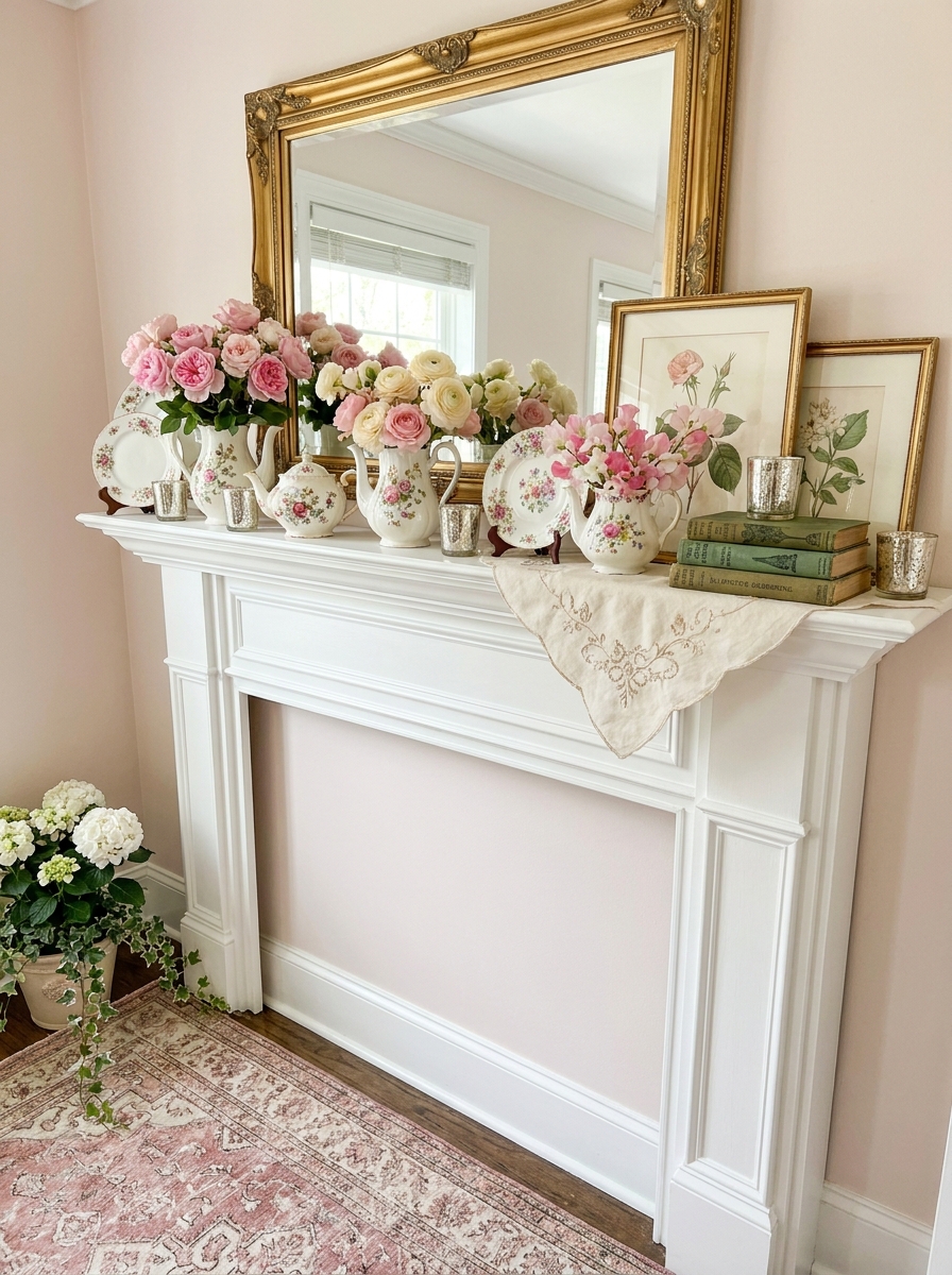 English Garden Romance with Pink Roses and Vintage China