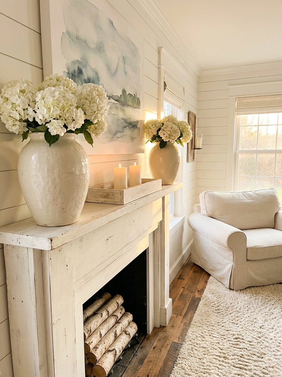 White Hydrangeas in Oversized Ceramic Vases
