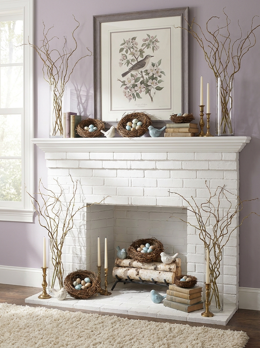 Nest-Themed Mantel with Speckled Eggs and Willow Branches