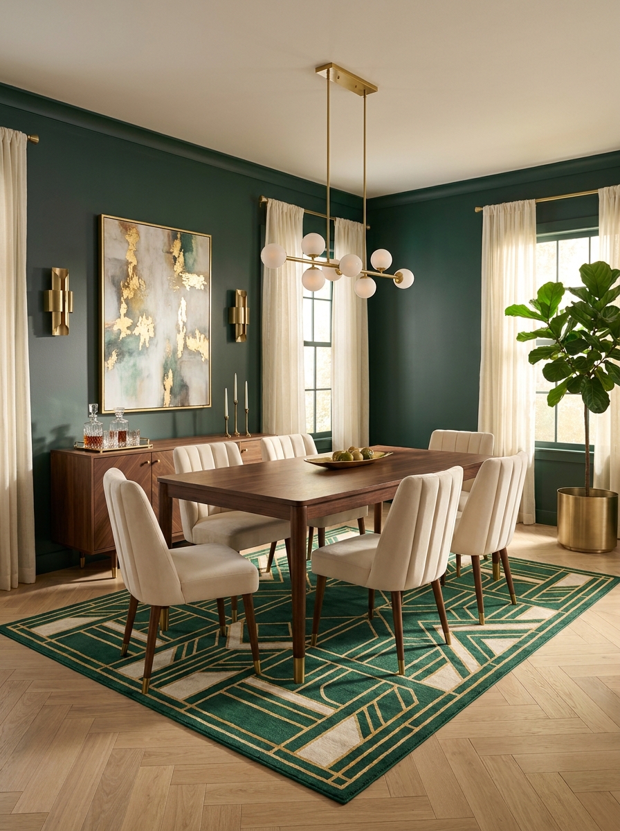 Emerald Velvet Statement Walls with Brass Fixtures