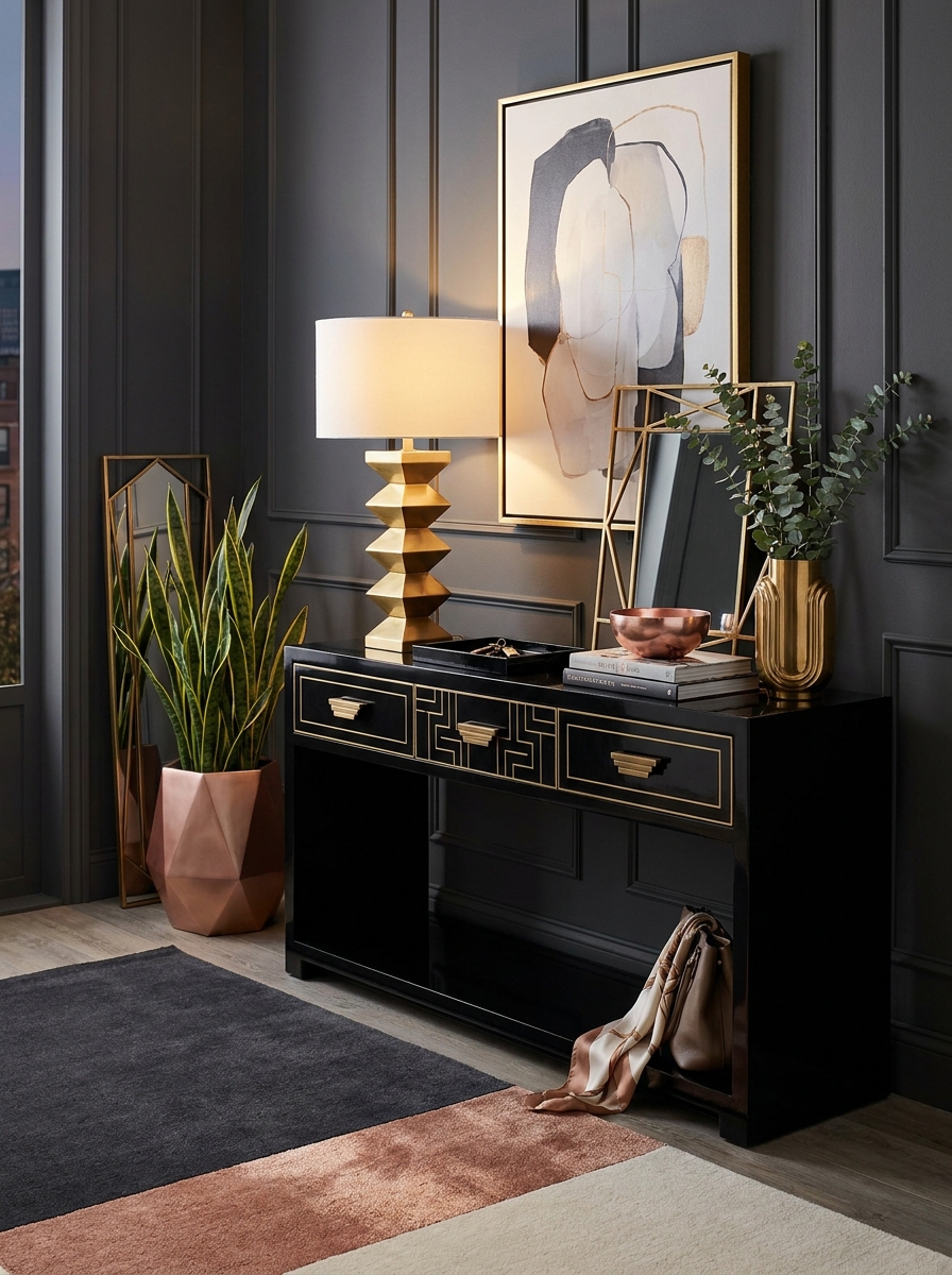 Black Lacquer Accent Pieces with Metallic Inlays