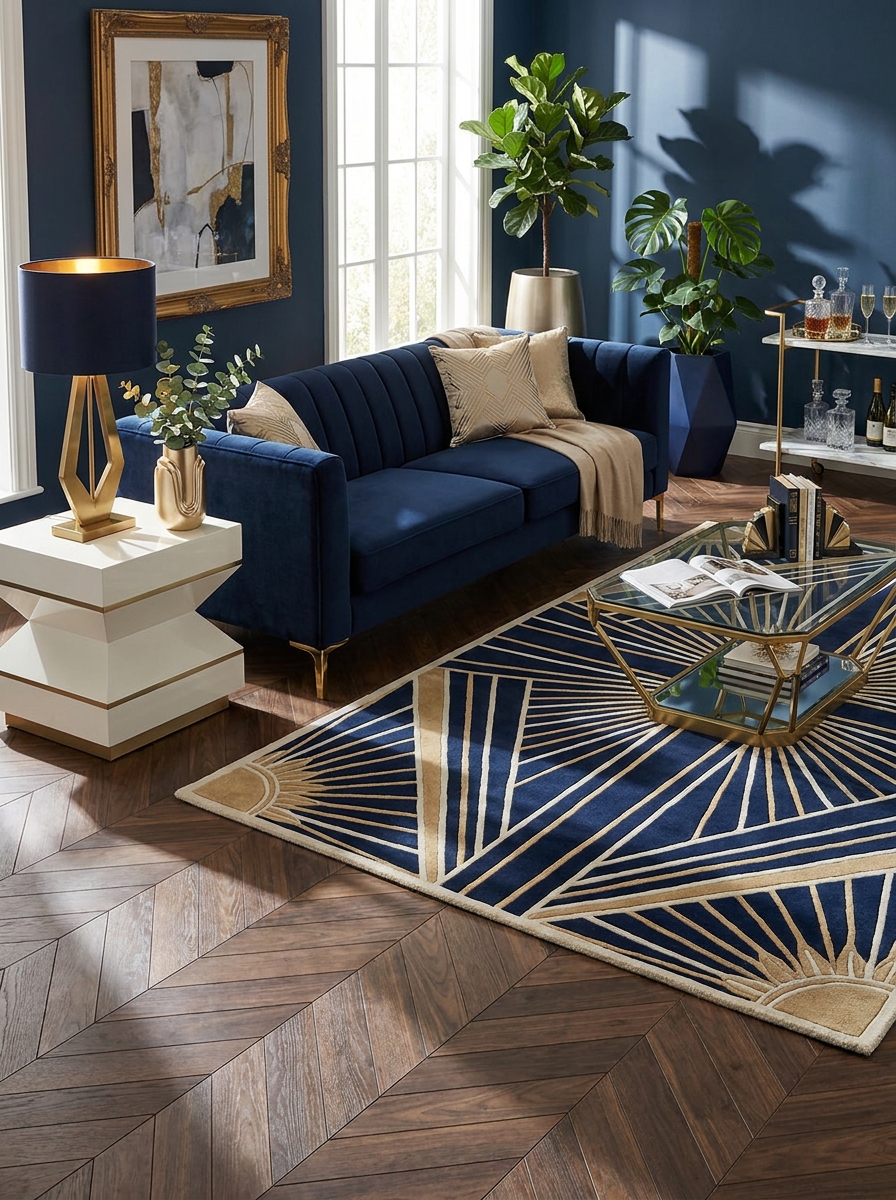 Zigzag Parquet Flooring with Geometric Rugs