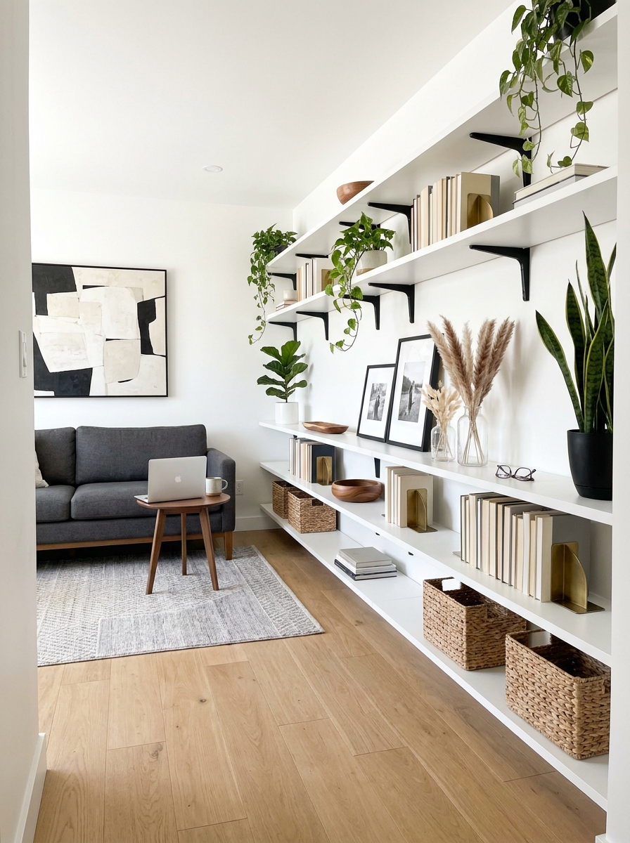 Line One Wall With Built-Ins or Floating Shelves for Streamlined Storage