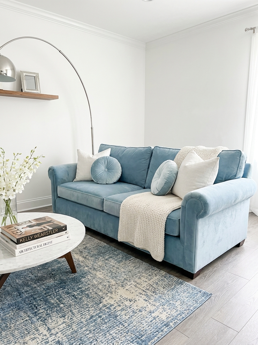 The Powder Blue Velvet Sofa That Steals the Show