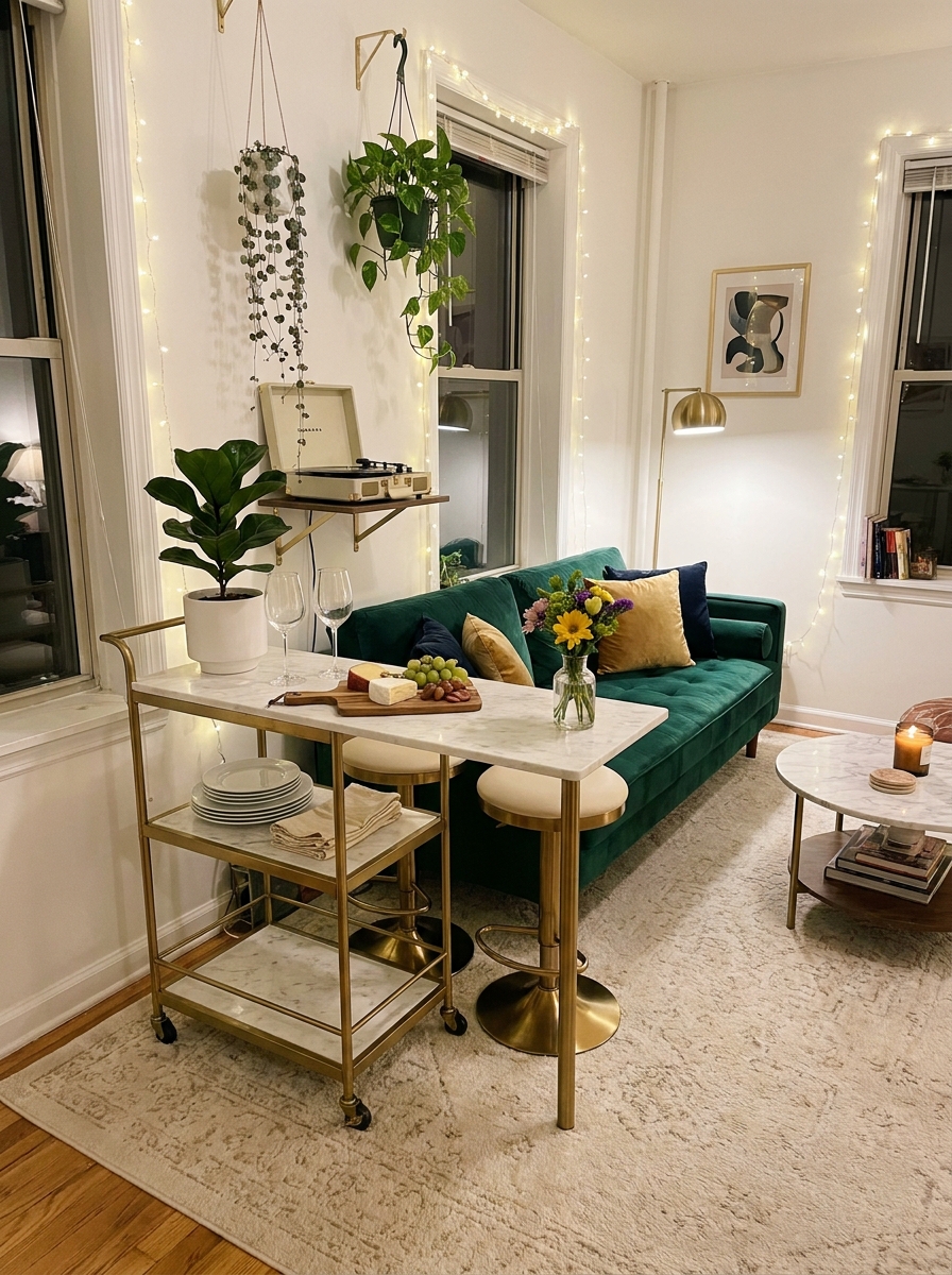 The Behind-the-Sofa Bar Cart That Creates a Dining Zone