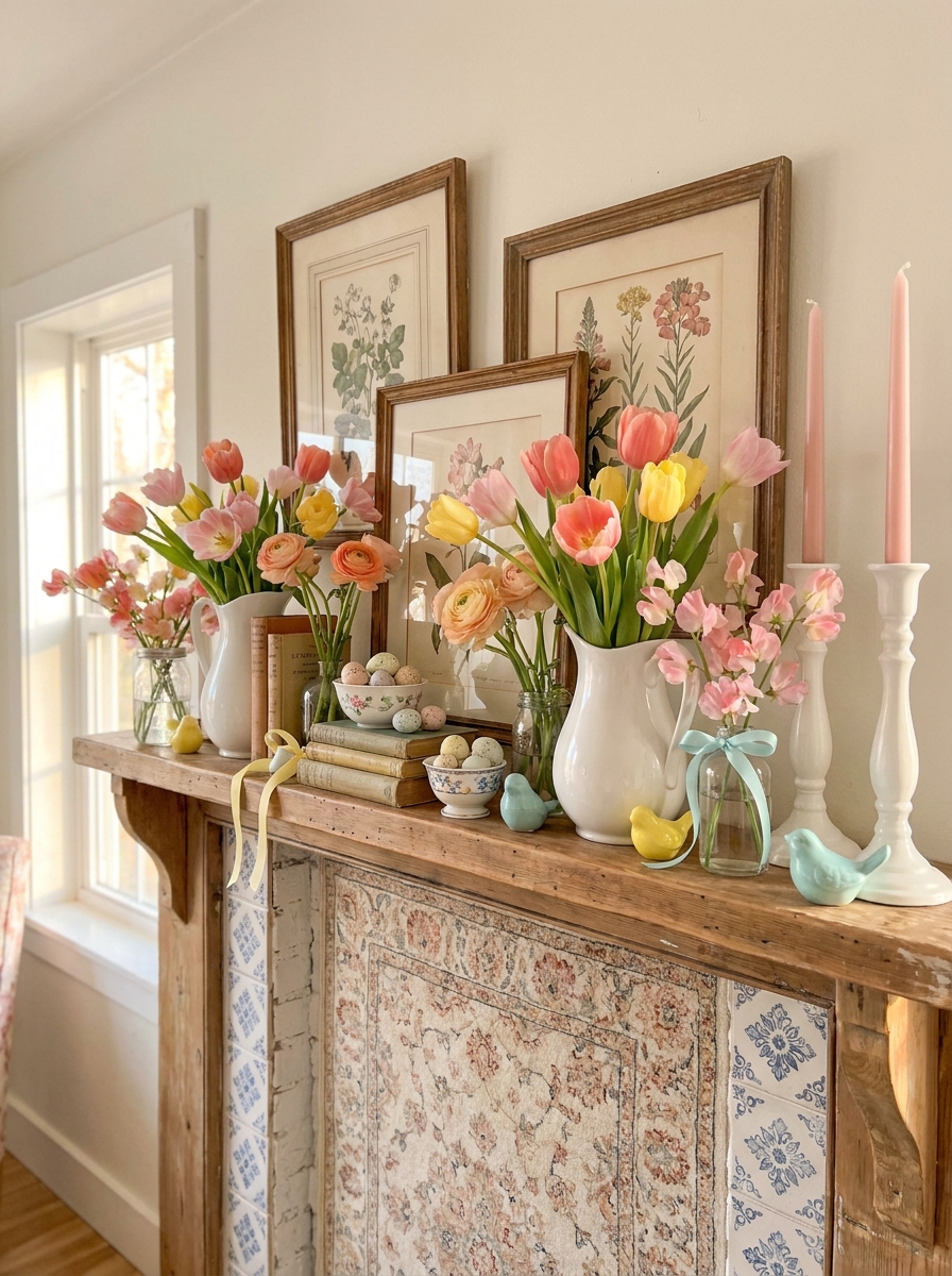 Pastel Garden Party Mantel with Mixed Florals