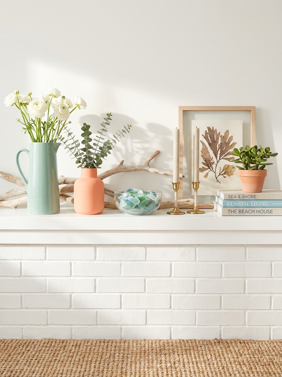 Coastal Spring Mantel with Coral and Seafoam Touches
