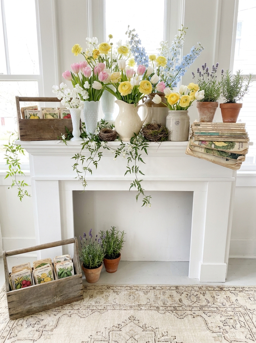 Cottage Garden Mantel with Overflowing Blooms
