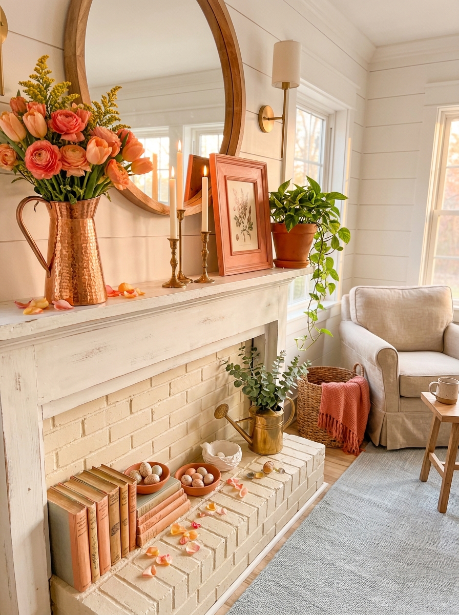 Sunset-Inspired Mantel with Coral and Peach Tones