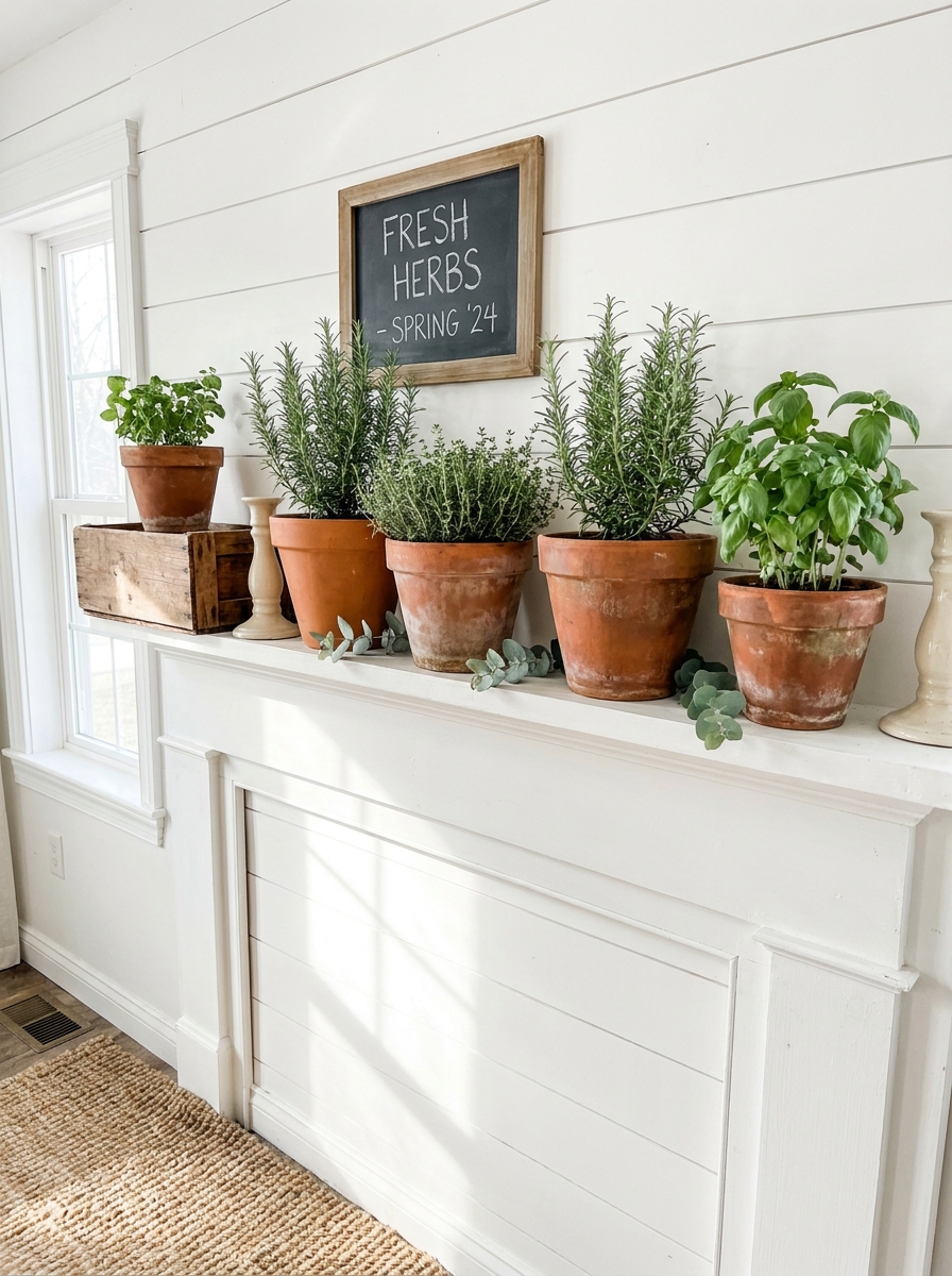 Herb Garden Mantel with Terracotta Pots