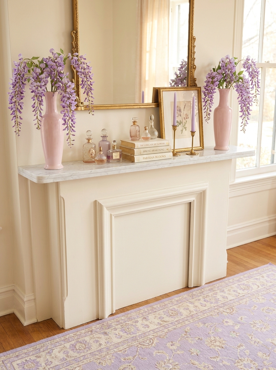 Feminine Floral Mantel with Cascading Wisteria