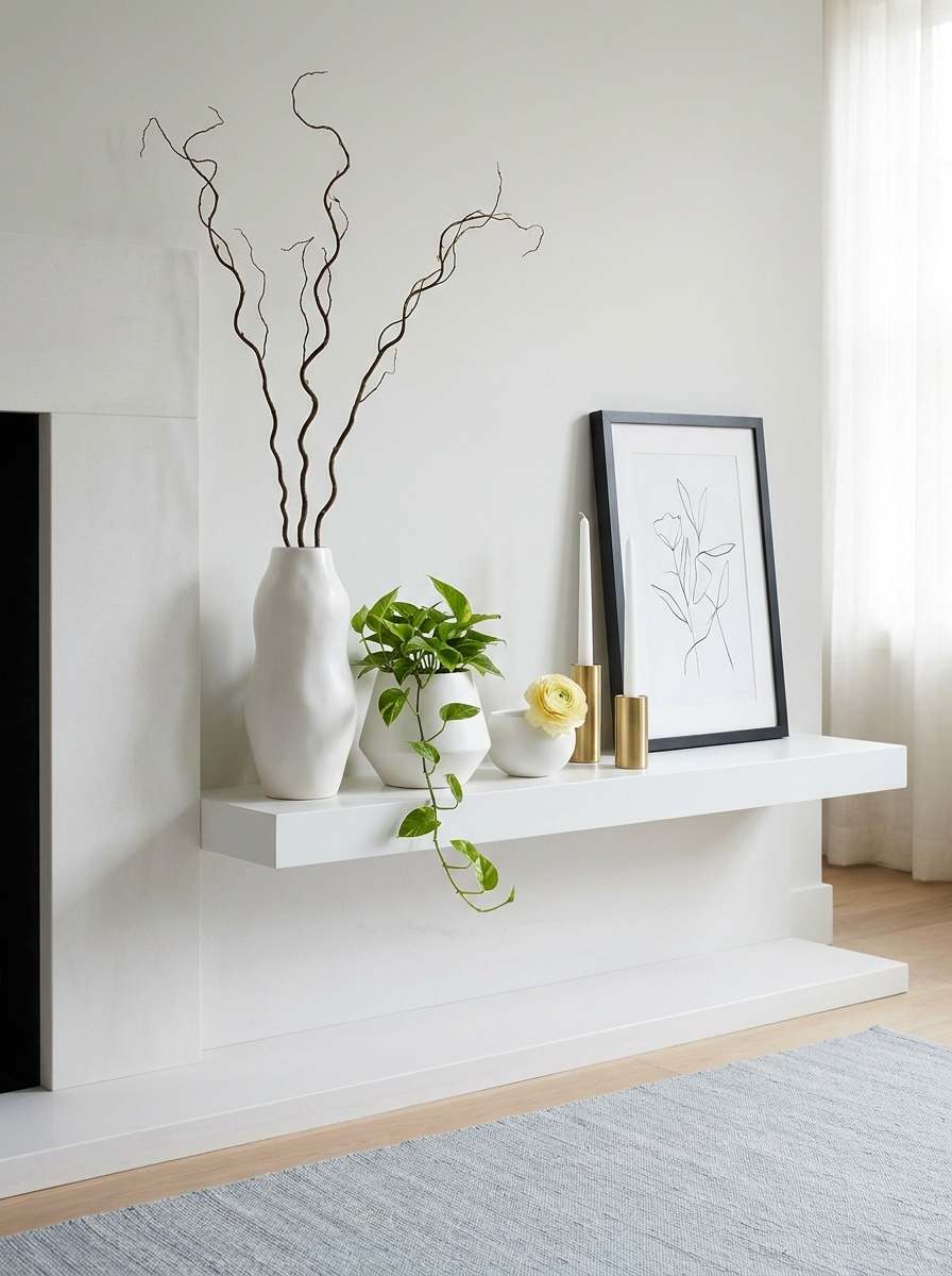 Modern Spring Mantel with Sculptural White Ceramics