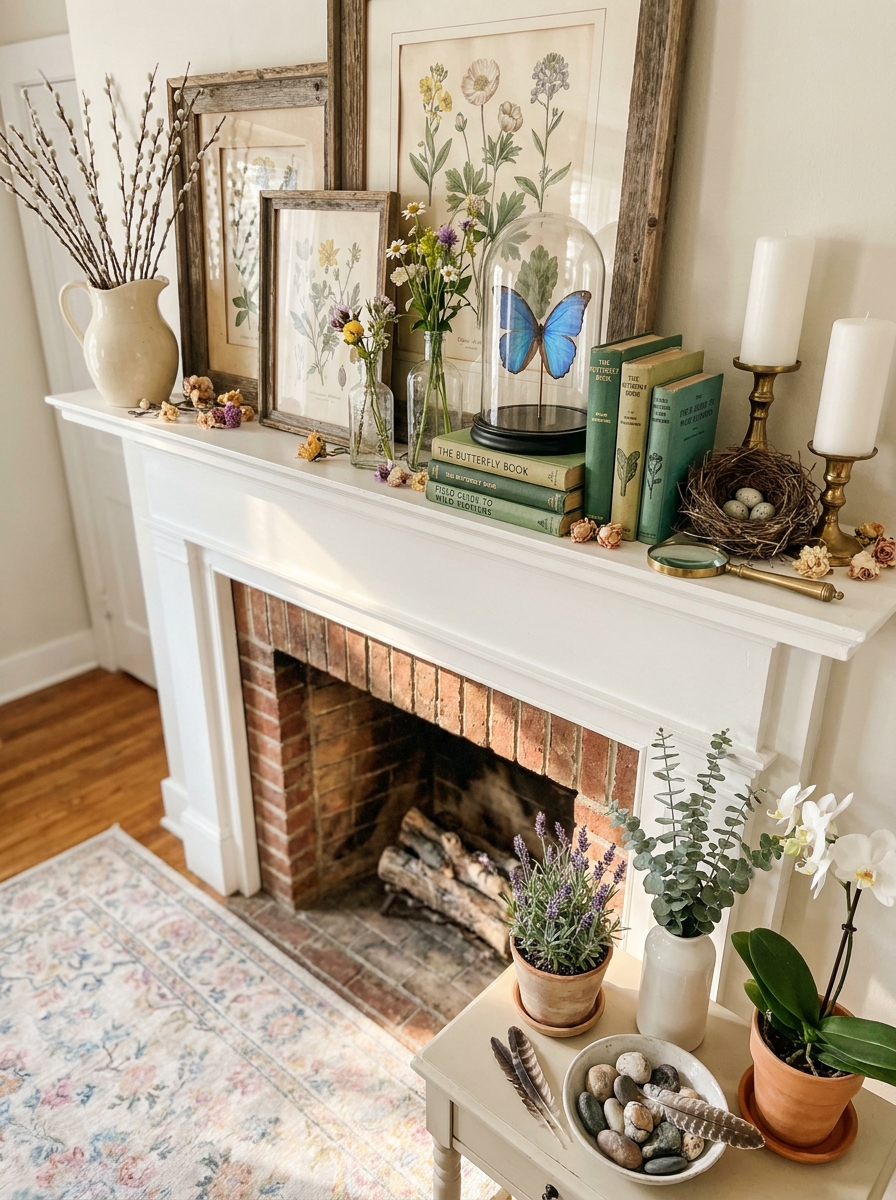 Butterfly Garden Mantel with Natural Curiosities