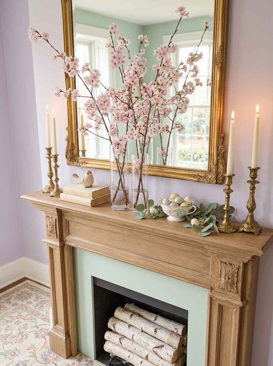 Cherry Blossom Branches with Brass Candleholders
