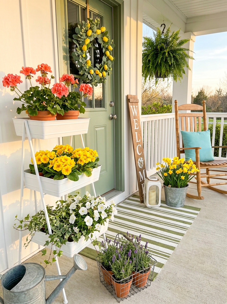 Tiered Plant Stand Filled with Blooming Spring Flowers