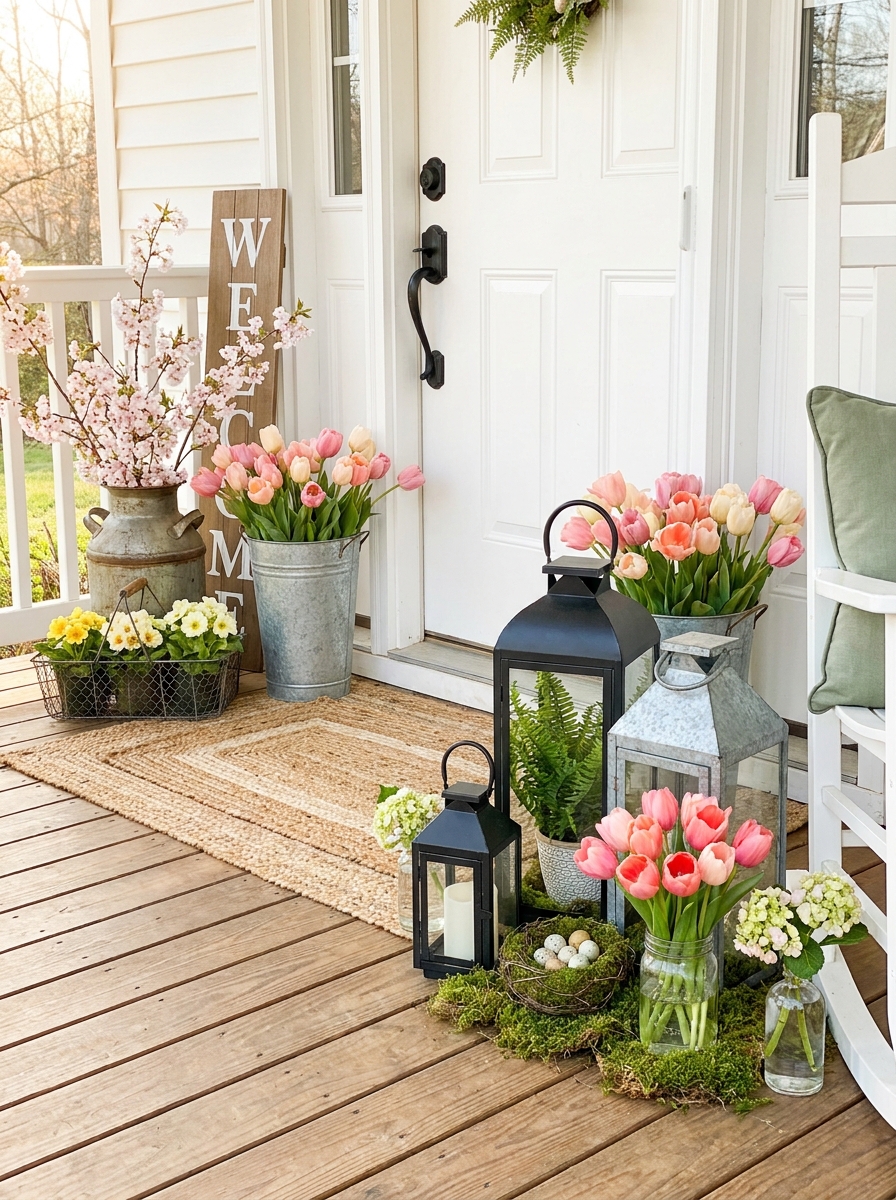 Spring Lantern Grouping with Fresh Greenery