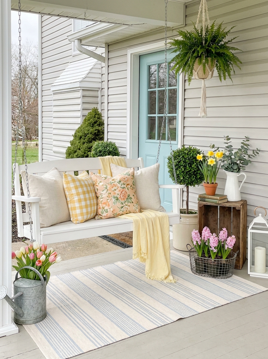 Porch Swing Dressed with Spring Pillows and Throws