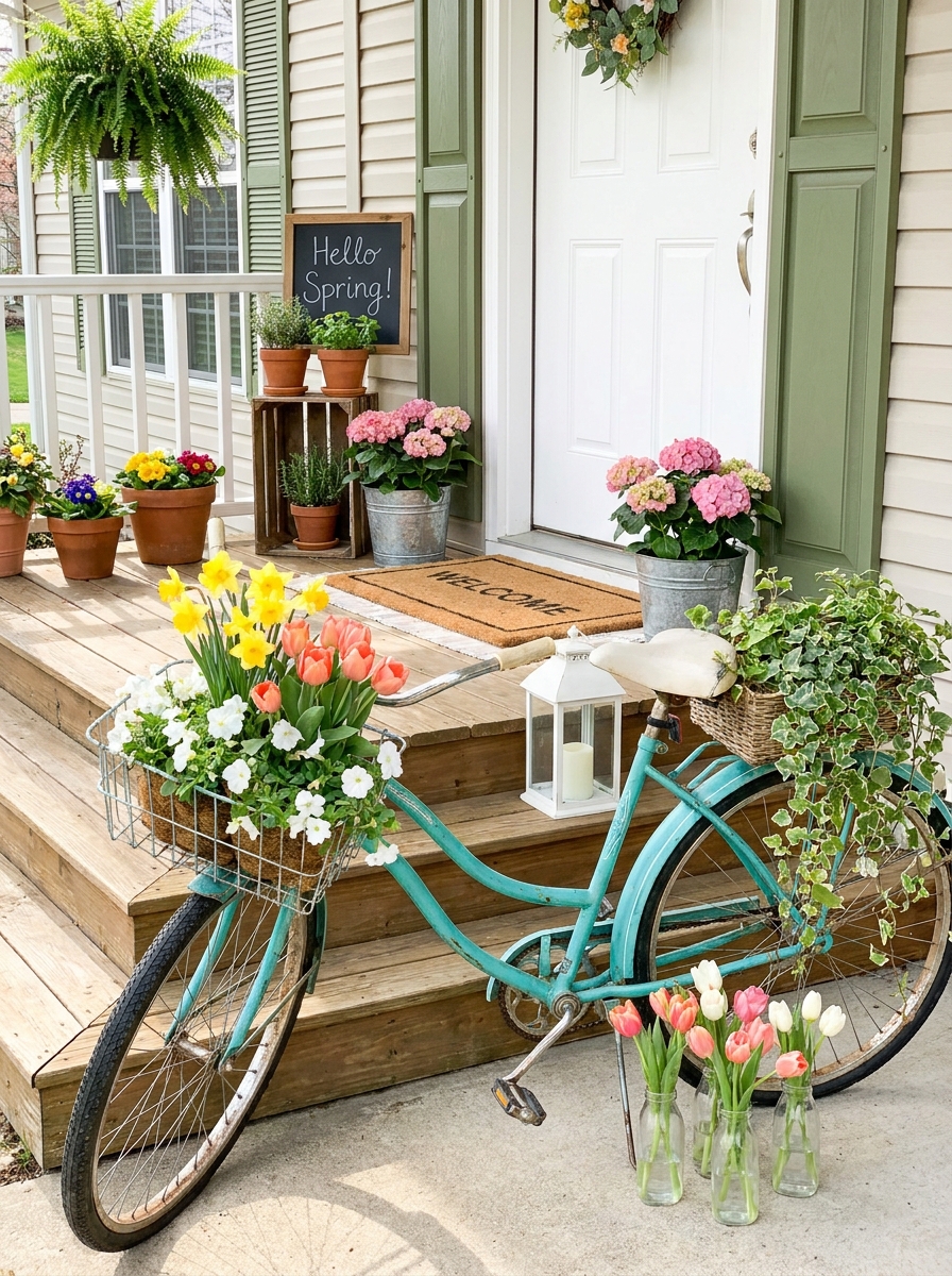 Vintage Bicycle Planter Bursting with Spring Blooms