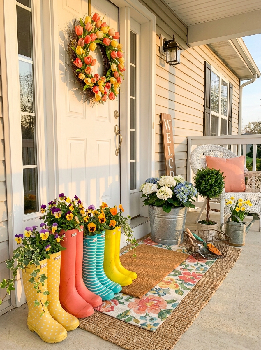 Colorful Rain Boot Planters Lined Up by the Door