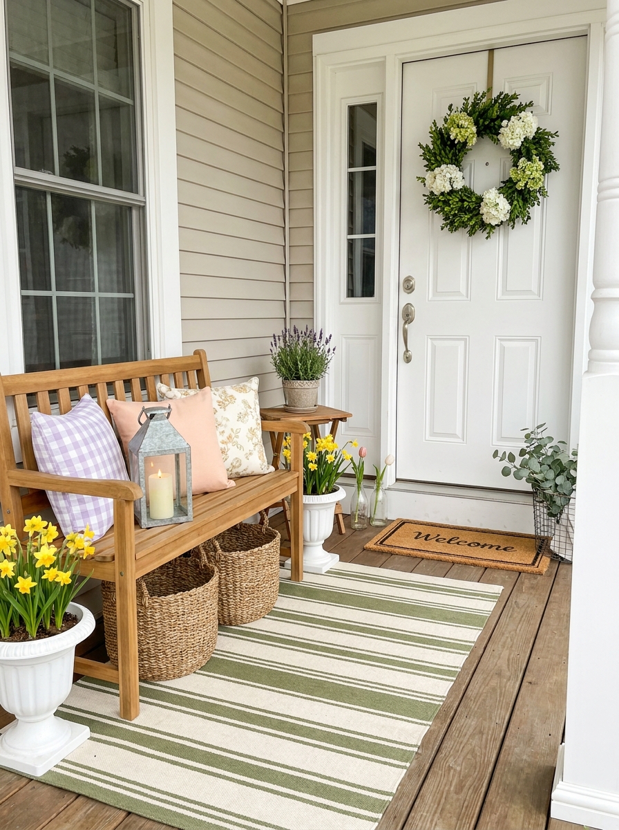Farmhouse Bench Styled with Seasonal Cushions and Baskets