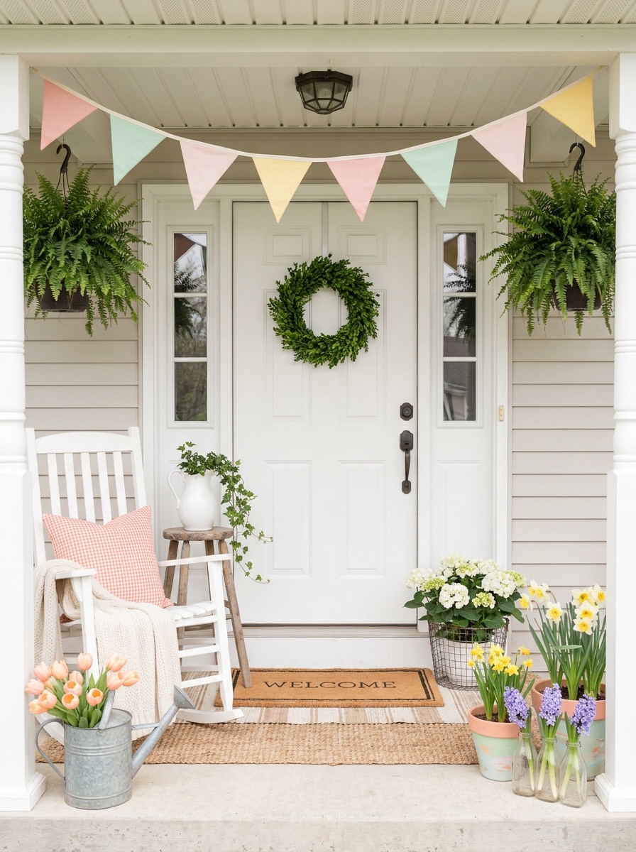 Colorful Spring Bunting Strung Above the Door