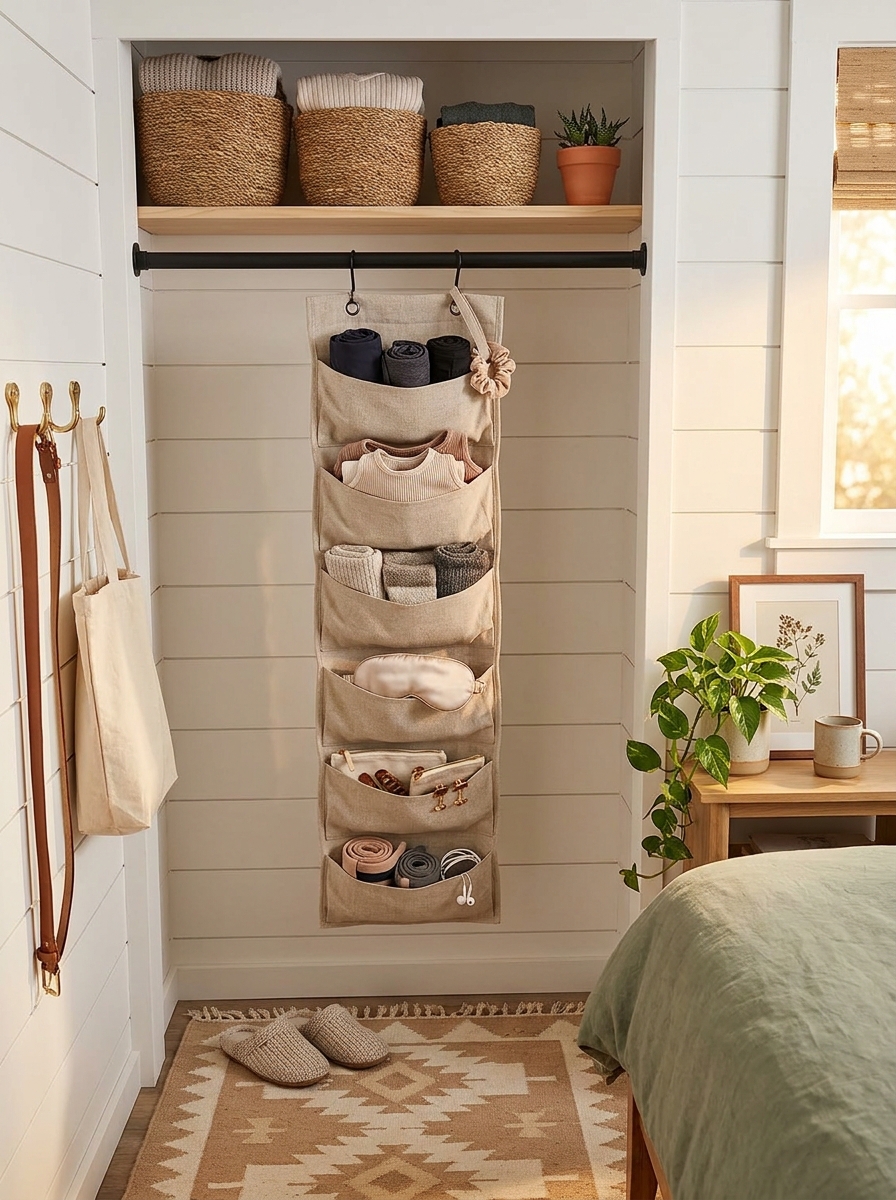 Vertical Fabric Pockets Hanging in the Closet