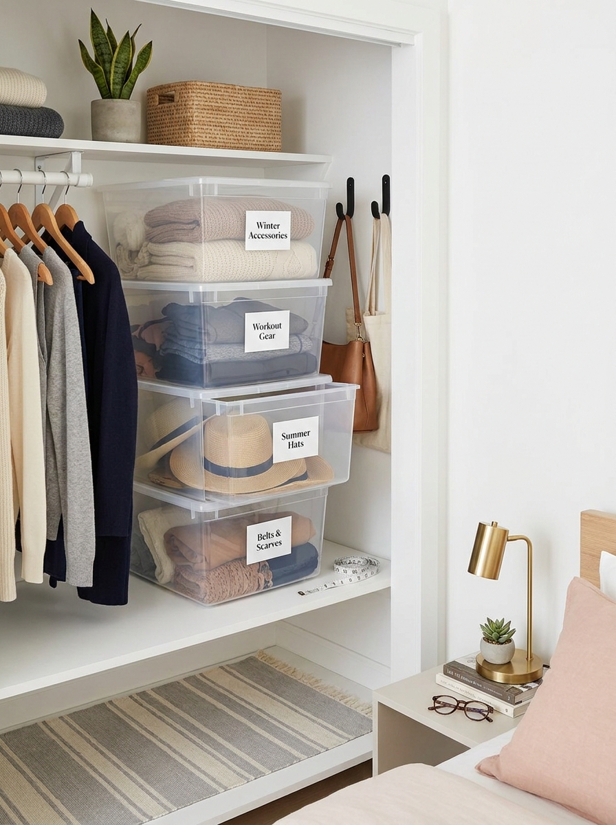 Stackable Clear Bins on Closet Shelves