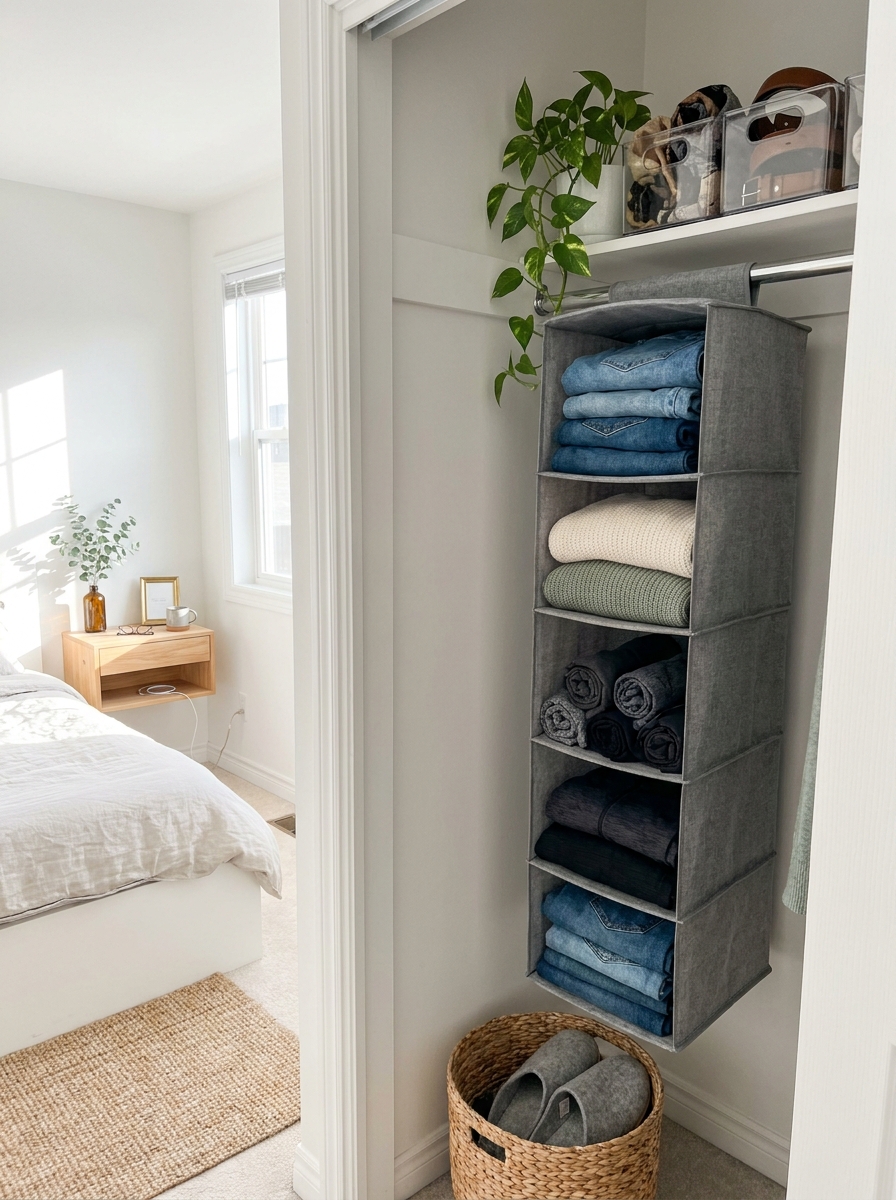 Hanging Sweater Organizer With Rigid Shelves