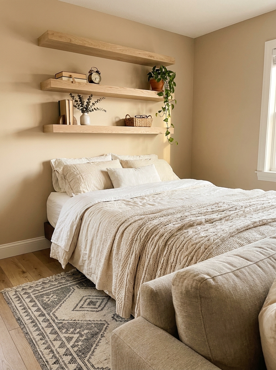 Floating Shelves Above the Bed as a Headboard Alternative