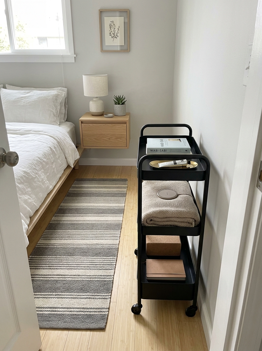 Slim Rolling Cart Tucked Beside the Nightstand