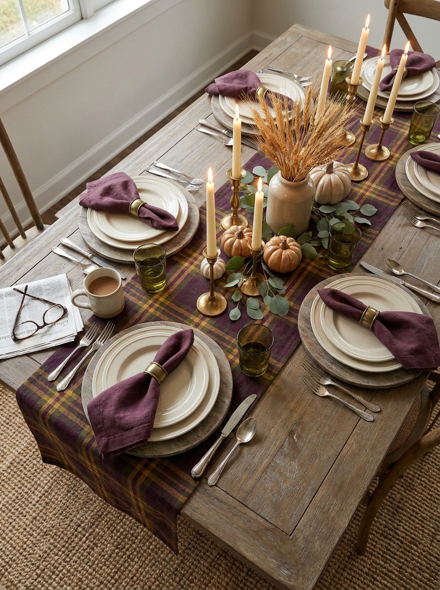 Cozy Plaid and Plum Table Setting