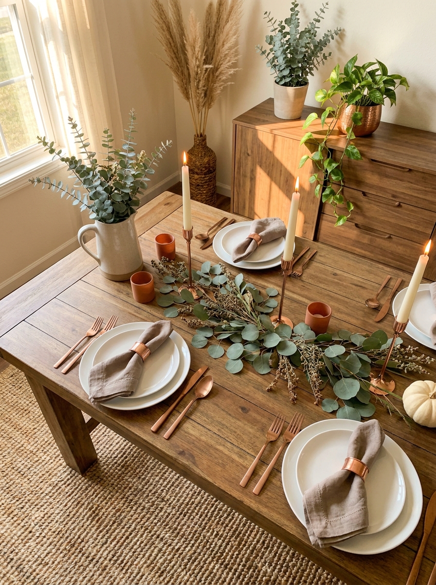 Warm Copper and Eucalyptus Minimalist Table