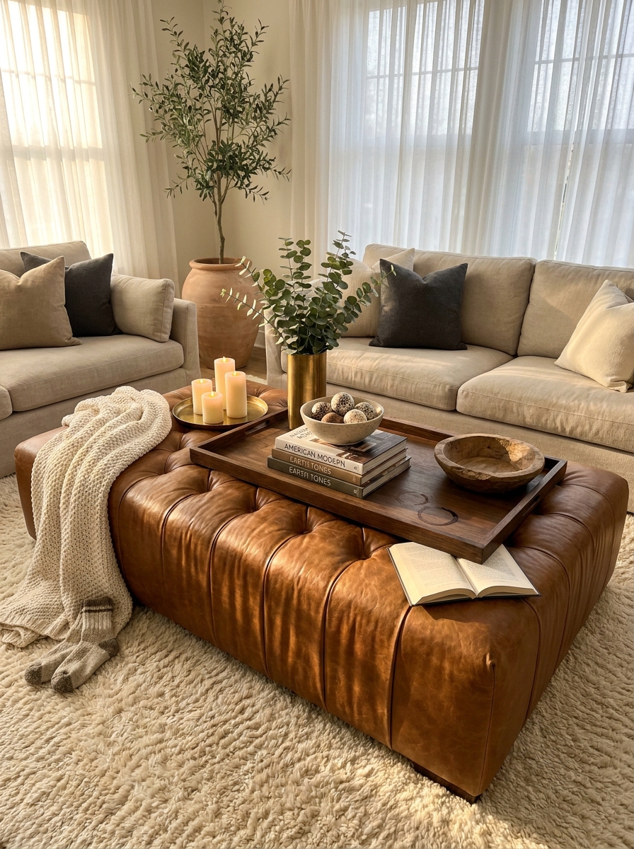 Channel-Tufted Leather Ottomans That Double as Coffee Tables