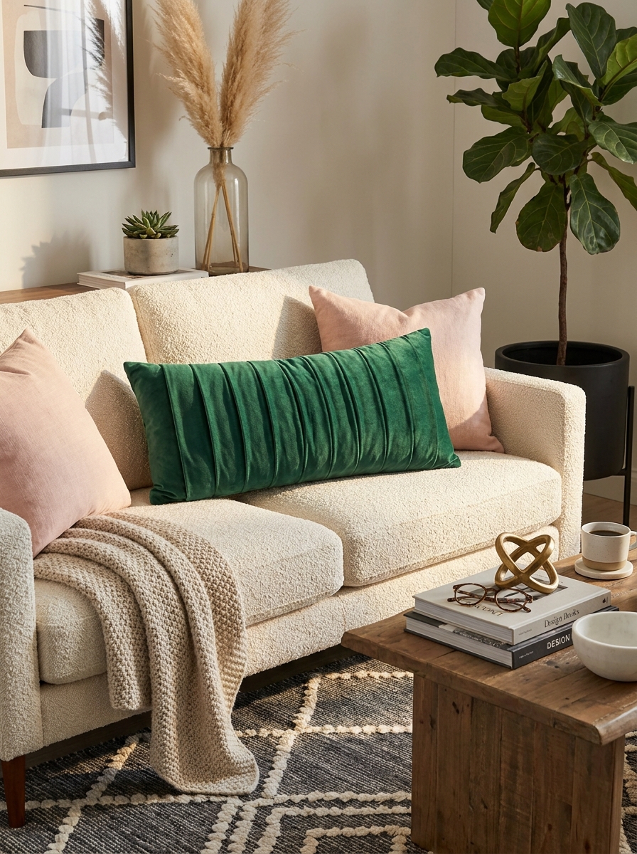 Channel-Tufted Velvet Lumbar Pillow in Emerald