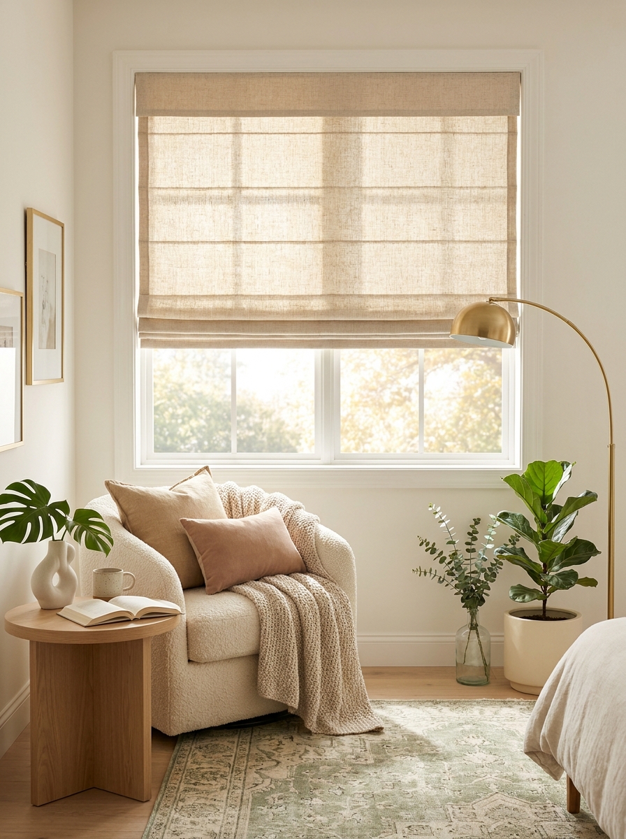 Linen Roman Shade with Cordless Lift in Natural