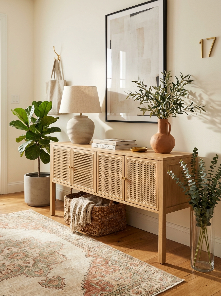 Rattan Console Table with Cane Webbing Doors