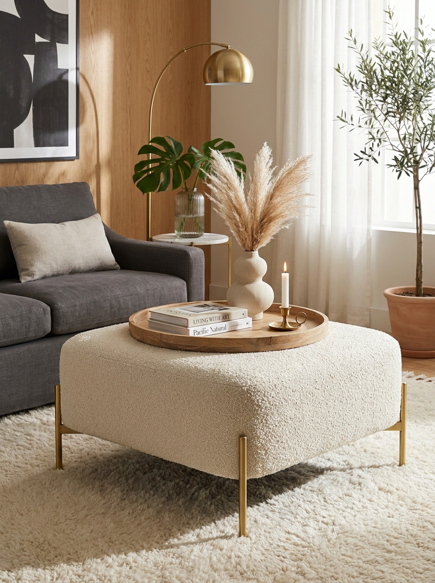 Oversized Bouclé Ottoman with Brass Legs