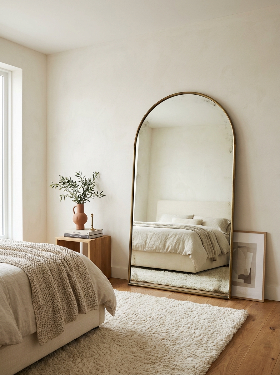 Arched Floor Mirror with Brass Frame