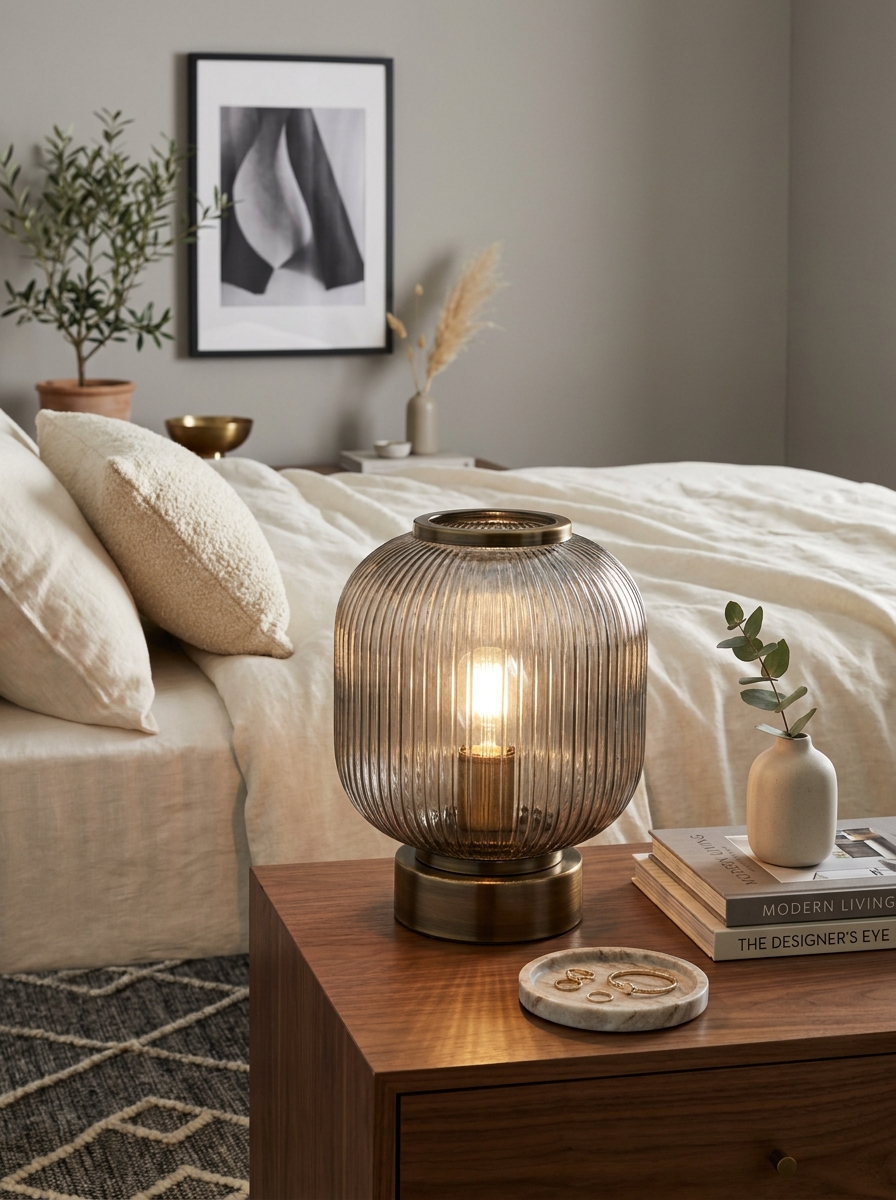 Ribbed Glass Table Lamp with Antique Brass Base