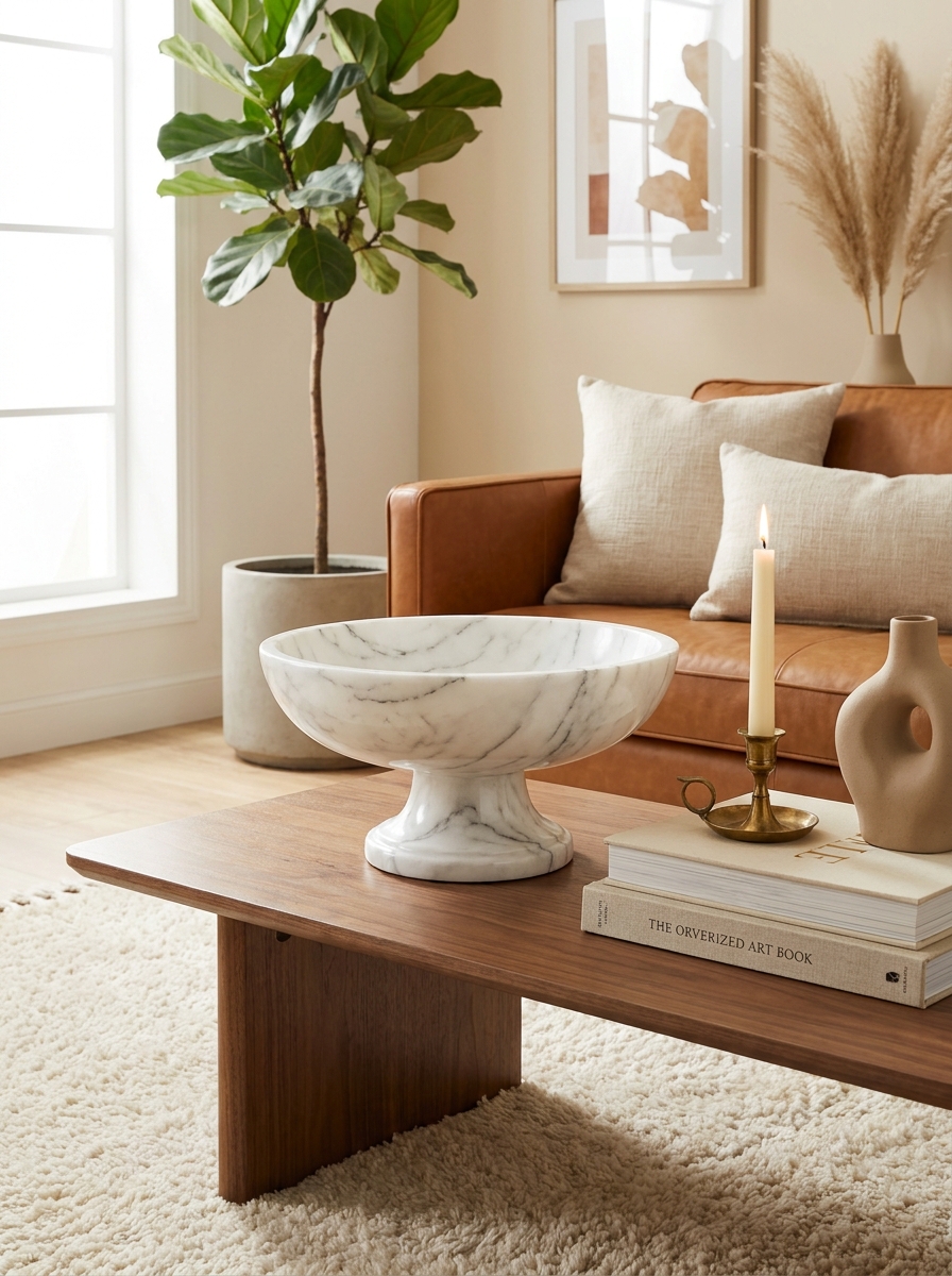 Faux Marble Pedestal Bowl in White and Gray