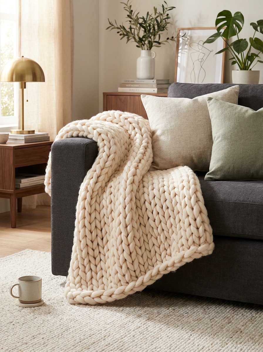 Chunky Knit Throw Blanket in Merino-Look Yarn