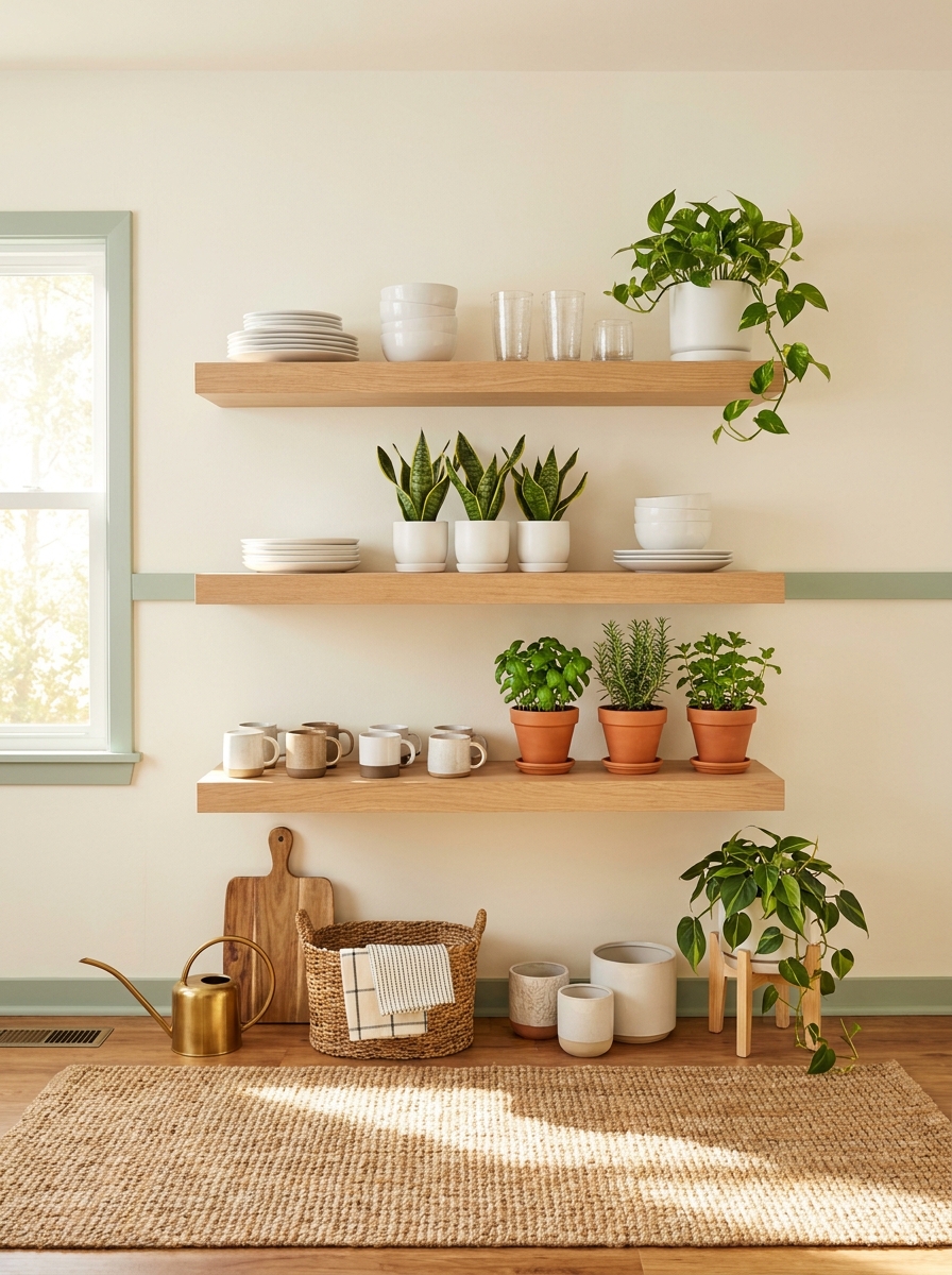 Add Plants to Open Shelving in the Kitchen