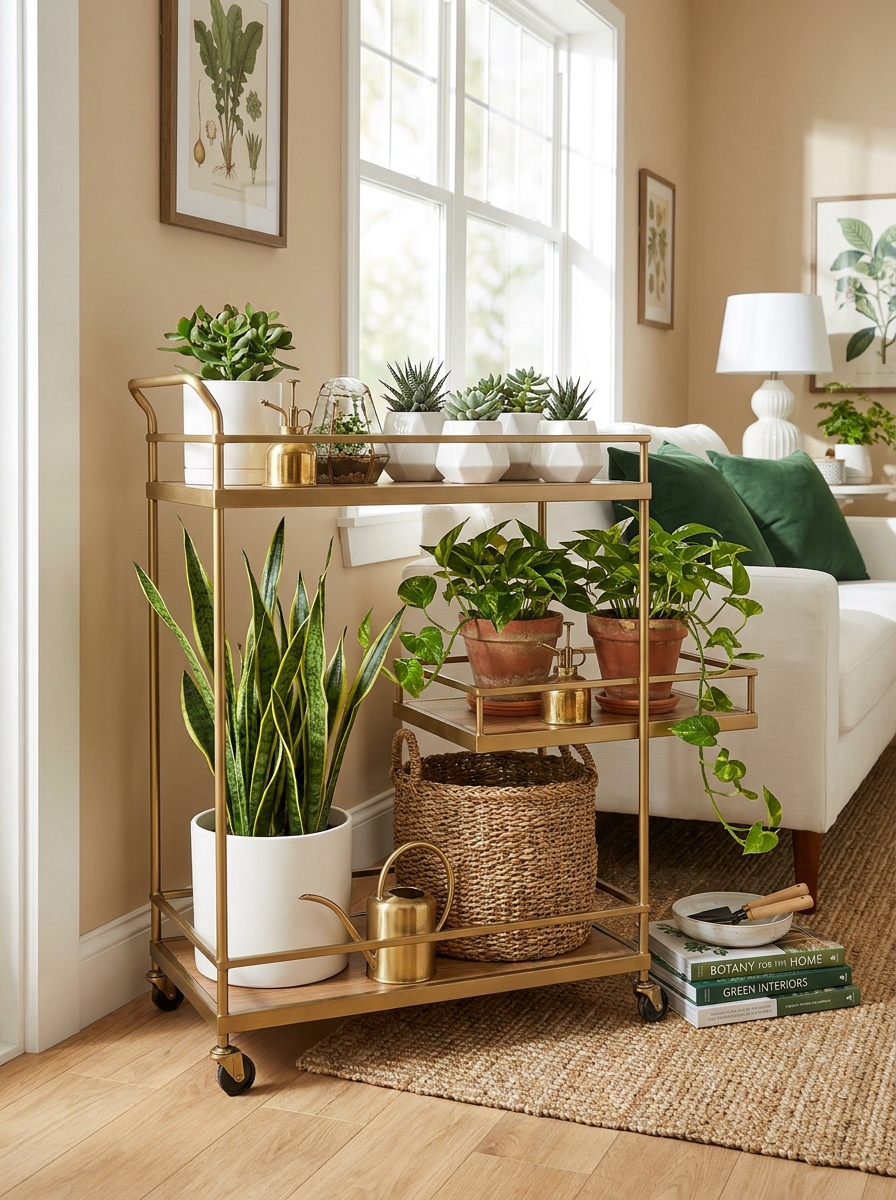 Use a Rolling Bar Cart for Movable Plant Display