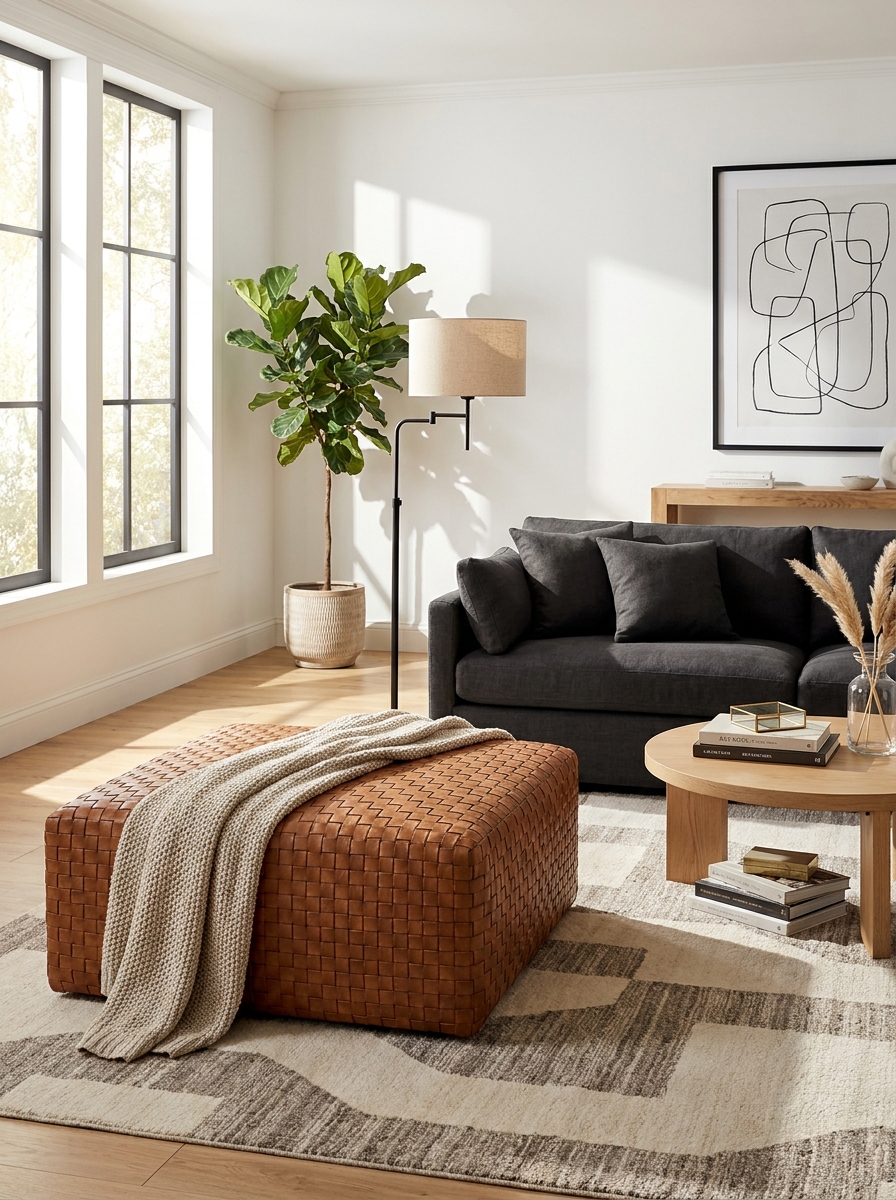 The Woven Leather Ottoman That Looks Ridiculously High-End
