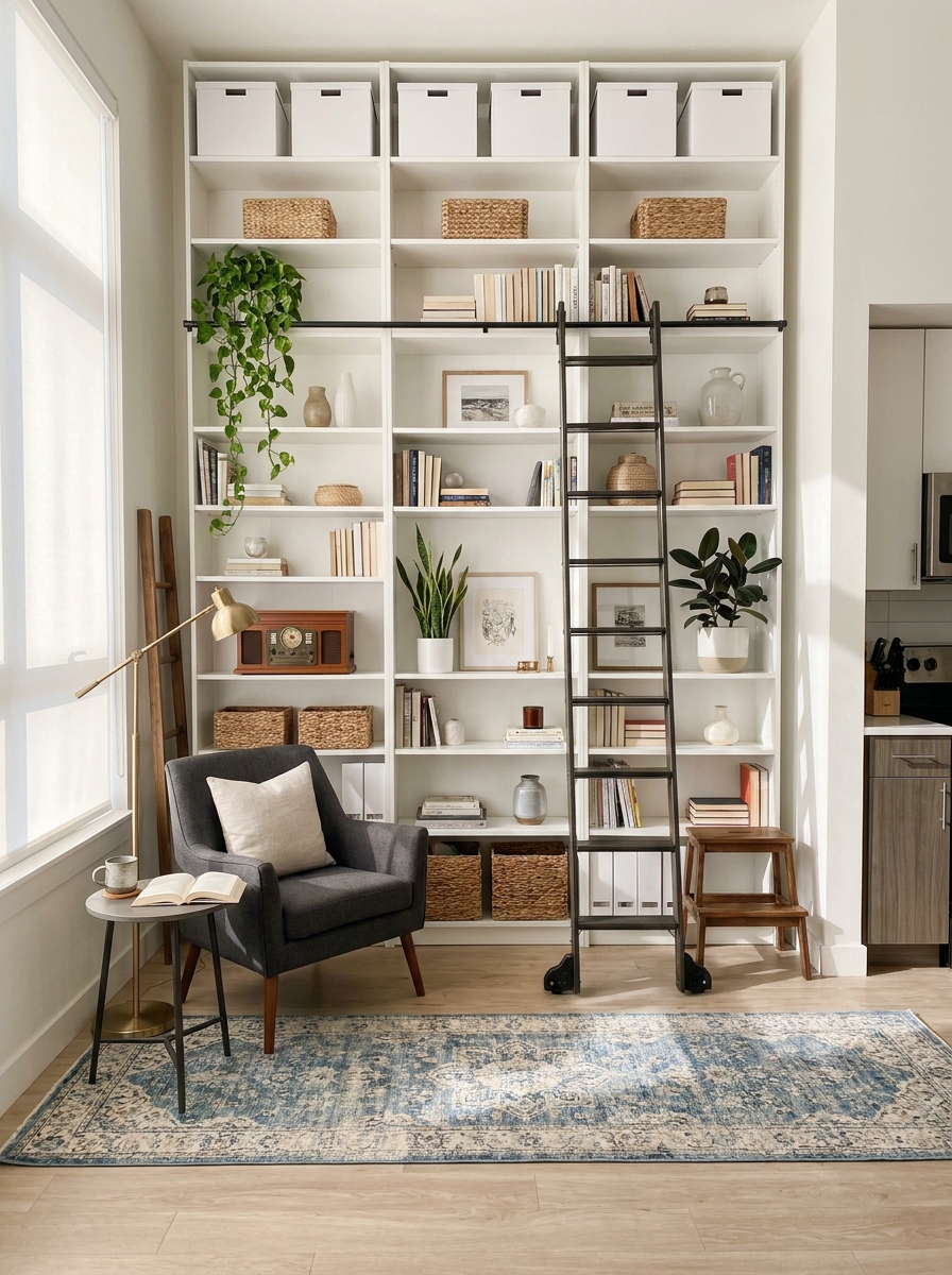 Ceiling-Height Bookcases That Draw the Eye Up