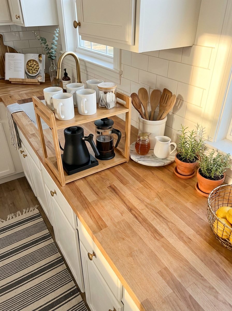 Raised Shelf Organizer for Two-Level Counter Space
